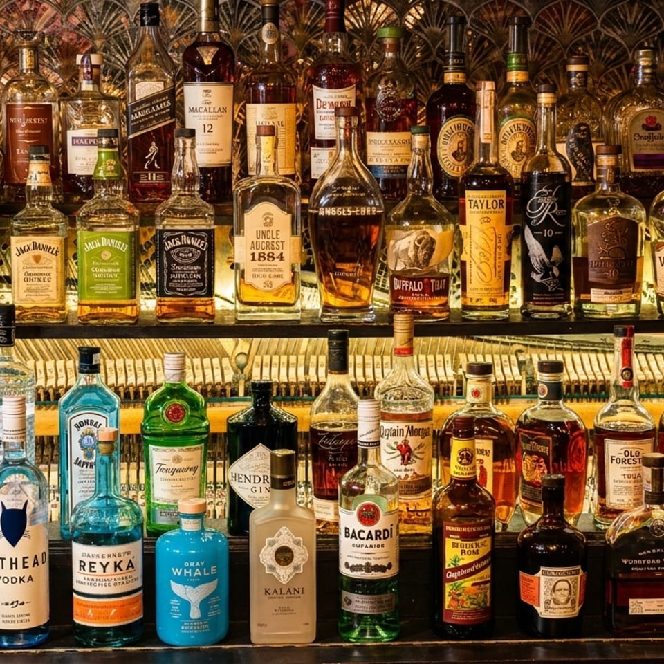 A well-stocked bar features two shelves filled with various liquor bottles, including whiskeys, vodkas, and gins.