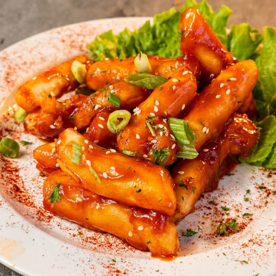 A plate of Korean tteokbokki, rice cakes in a spicy red sauce, garnished with sesame seeds and scallions.