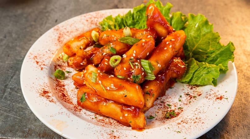 A plate of Korean tteokbokki, rice cakes in a spicy red sauce, garnished with sesame seeds and scallions.