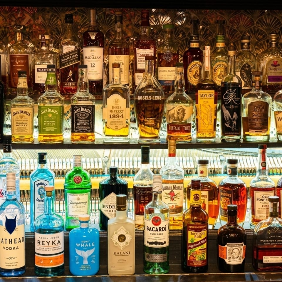 A well-stocked bar with two shelves of various liquor bottles, brightly lit from below.