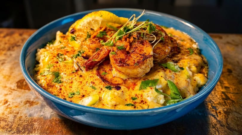 A vibrant blue bowl filled with creamy shrimp and grits, garnished with lemon and herbs.