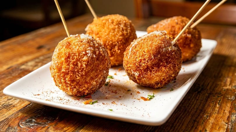 Four golden-brown arancini balls on skewers, dusted with seasoning, on a white plate.