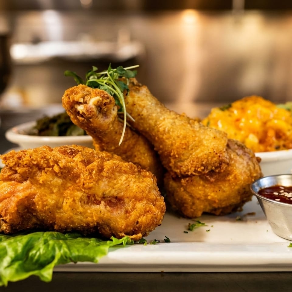 Crispy fried chicken pieces with mac and cheese, collard greens, and barbecue sauce.