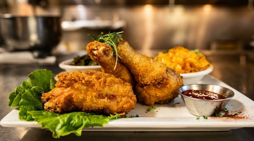 Crispy fried chicken pieces with mac and cheese, collard greens, and barbecue sauce.