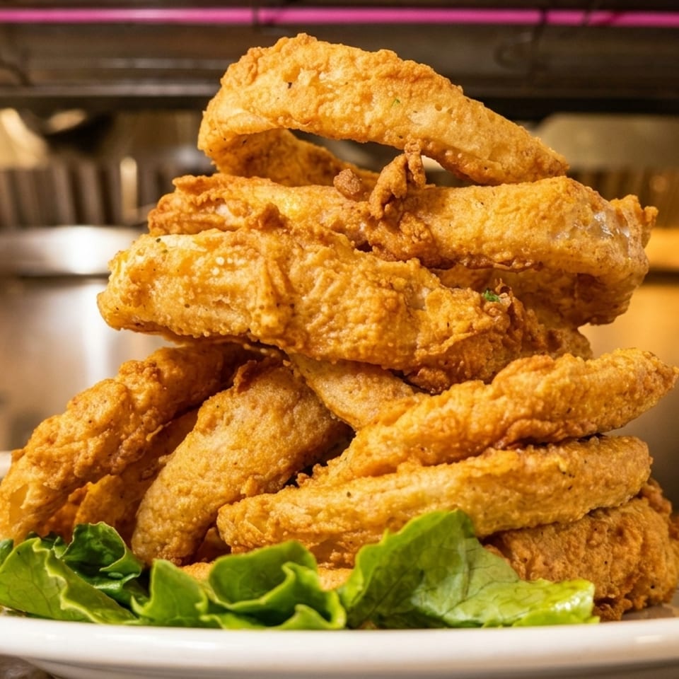 A towering stack of golden-brown fried onion rings on a white plate with lettuce, in a restaurant kitchen.