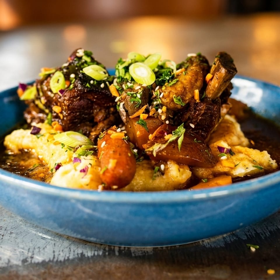 Braised short ribs with mashed potatoes, carrots, and green onions in a blue bowl.
